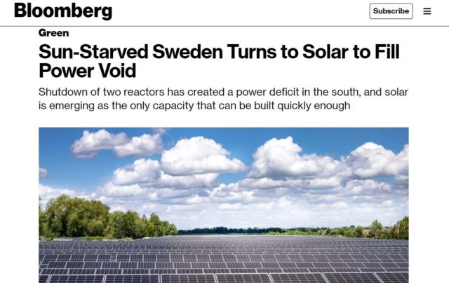 Bloomberg news about solar boom in Sweden