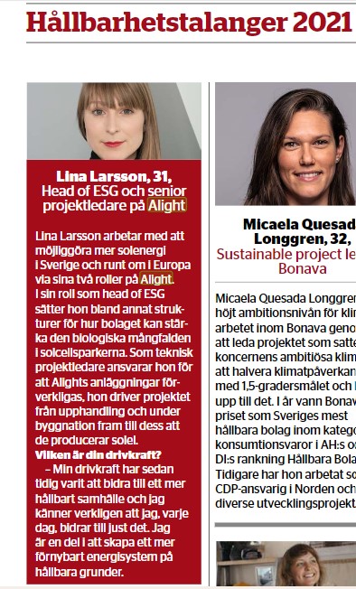 Lina Larsson utnämnd till en av "Sveriges 33 Hållbarhetstalanger"