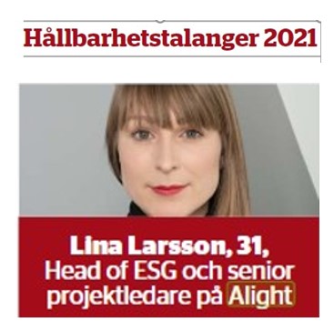 Lina Larsson en av Sveriges 33 Hållbarhetstalanger 2021